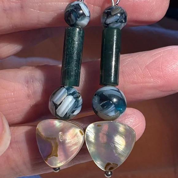 Hand Crafted Nacre and Dark Green Dangle Earrings - Picture 2 of 2